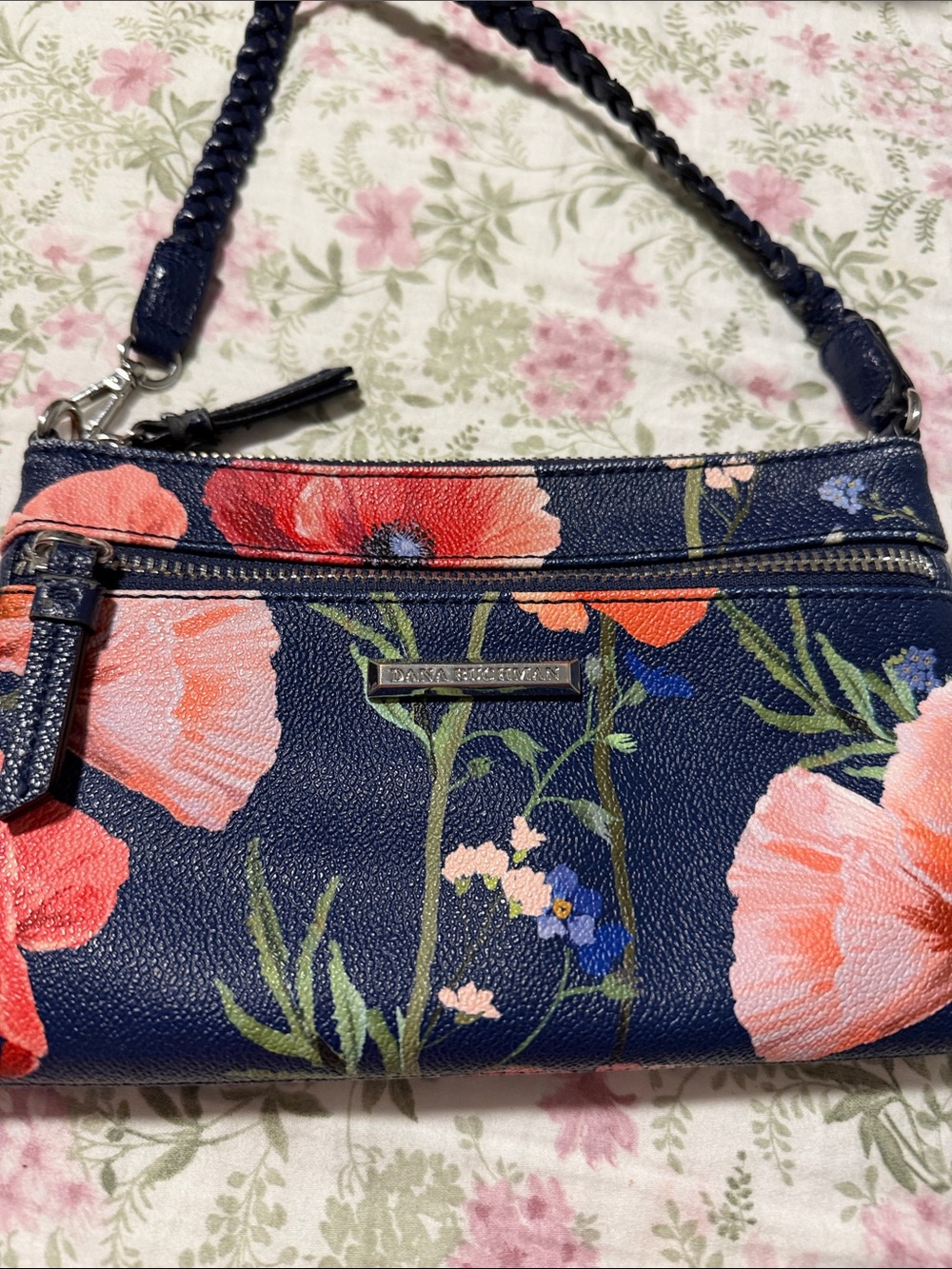 Dana Buchman Navy Floral Leather Crossbody with Braided Strap
